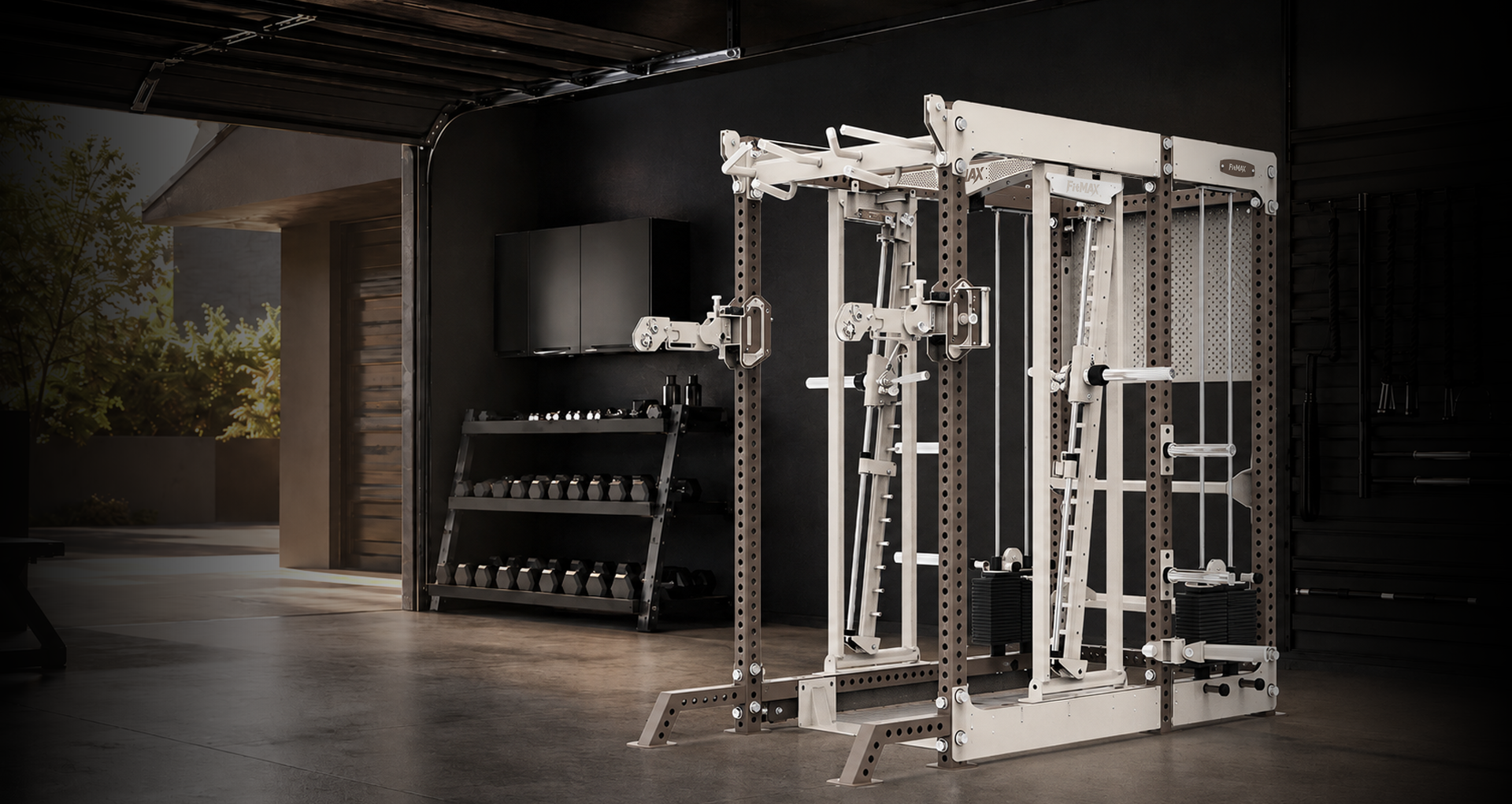 Concept rendering of a white FITMAX All-in-One Trainer in a premium residential garage gym
