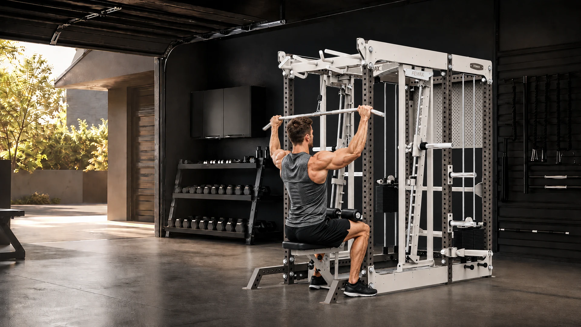 Concept athlete using a cable station in a residential garage gym