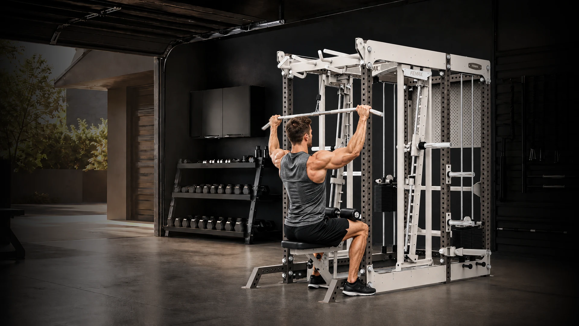 Concept athlete training on an all-in-one strength system in a residential garage gym