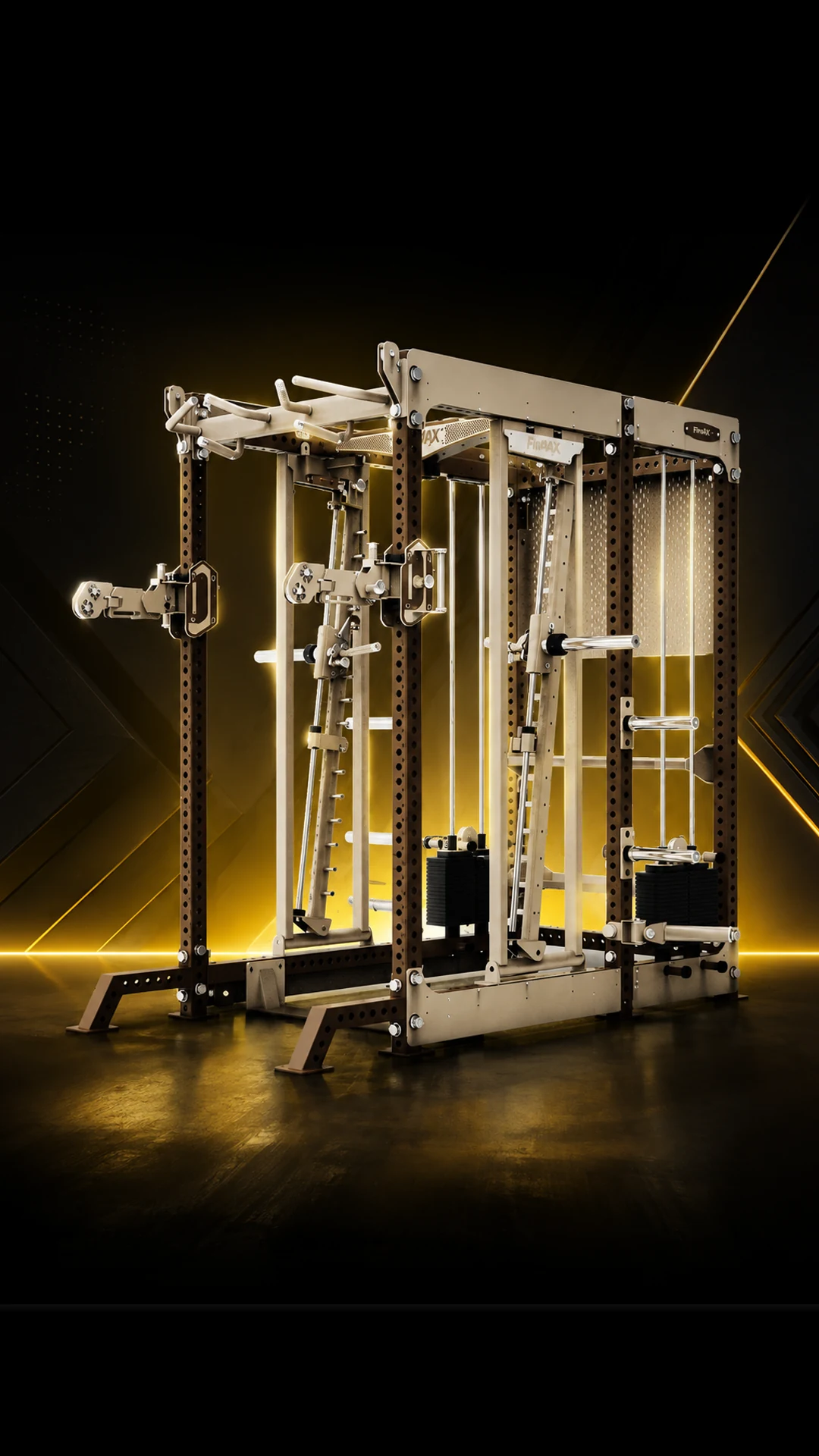 Concept residential garage gym featuring an all-in-one strength trainer