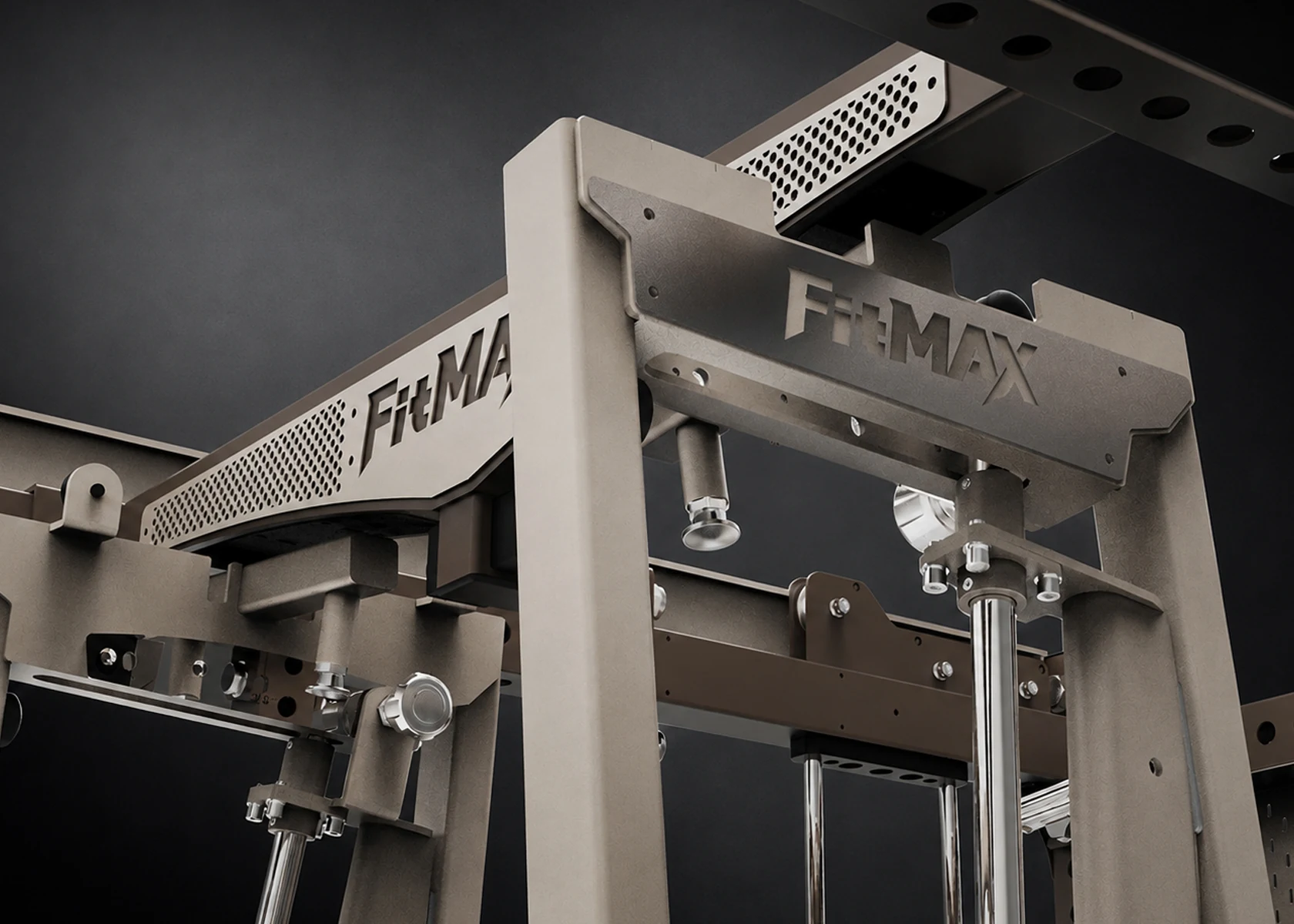 Close-up concept image of pulleys, cable, bolts, and steel strength equipment hardware