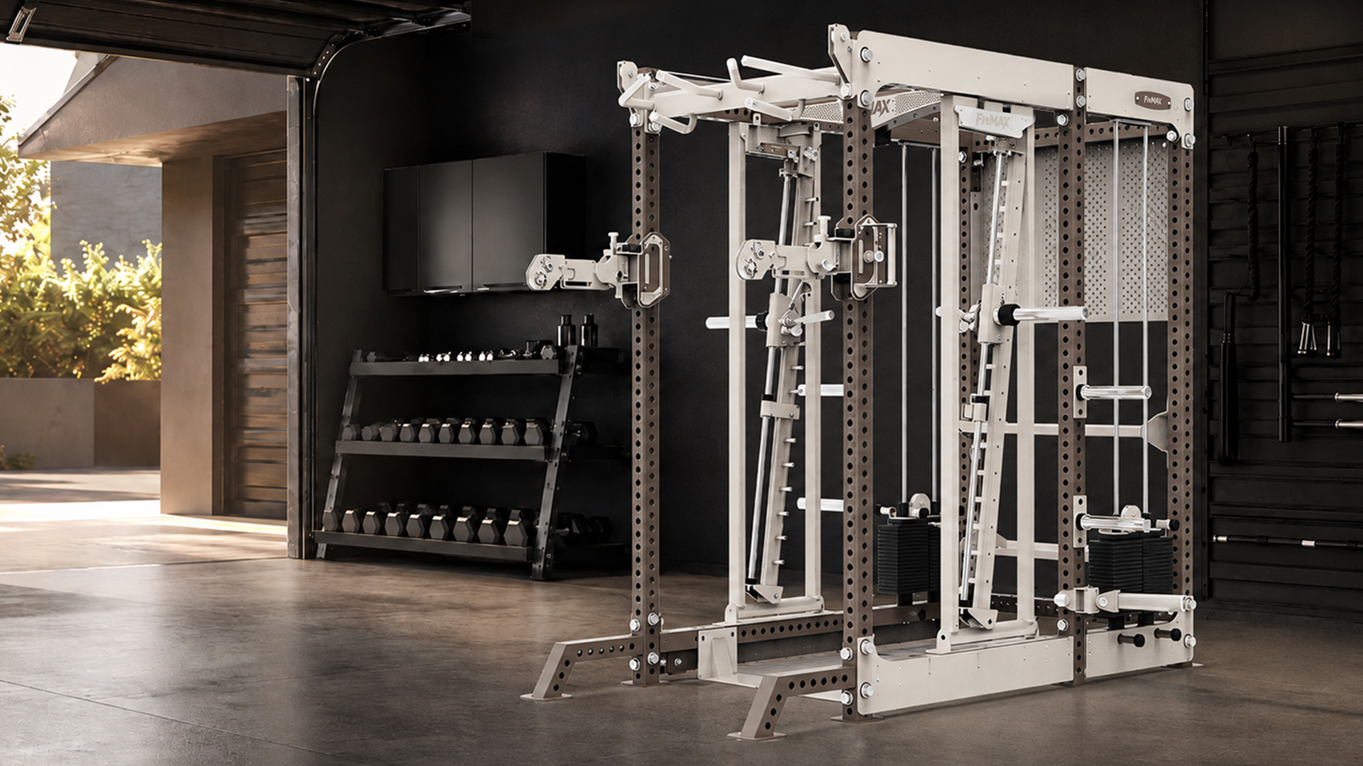 Concept view of the FITMAX All-in-One Trainer in a premium residential garage gym