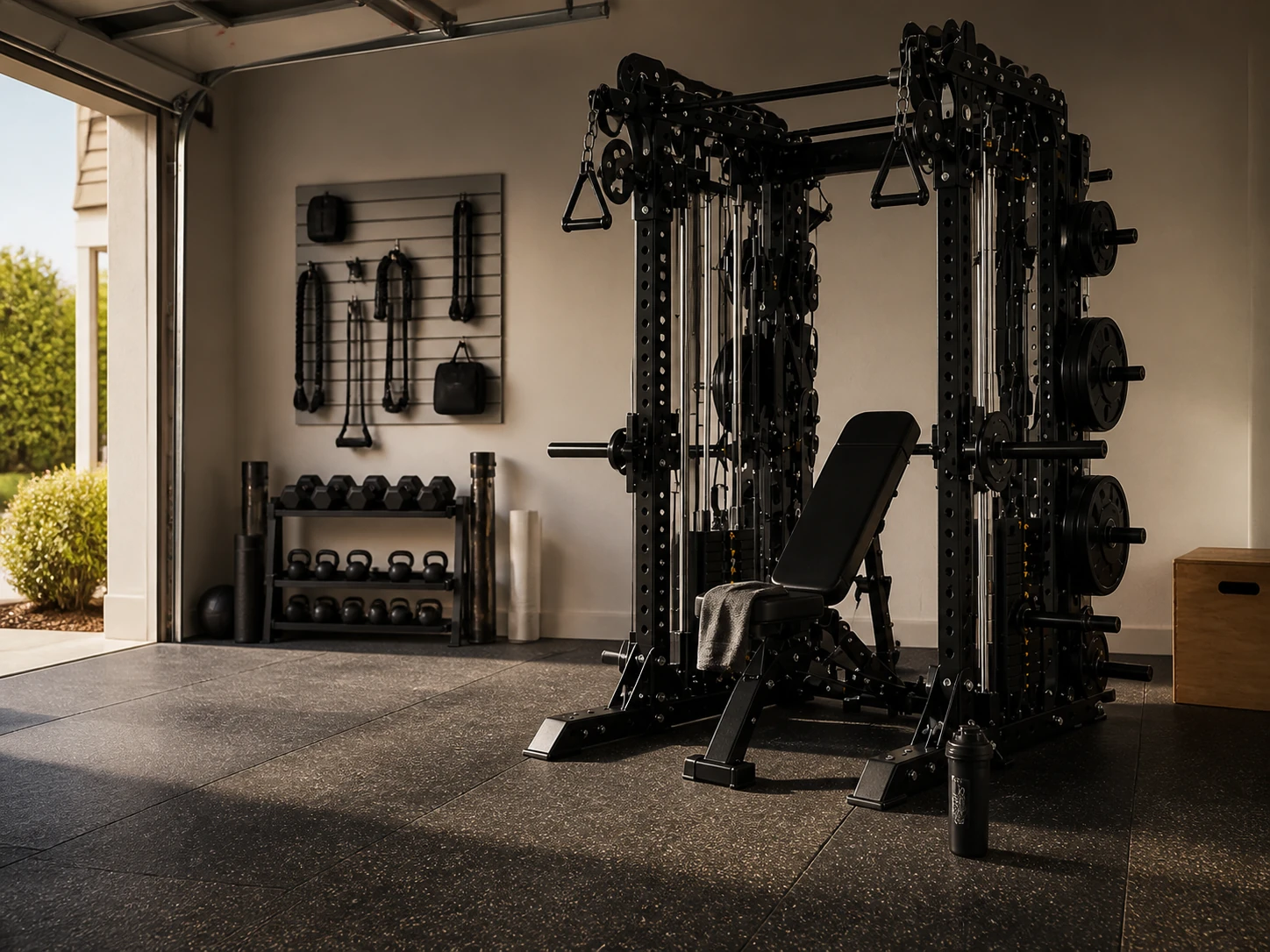 Concept residential garage gym featuring an all-in-one strength trainer