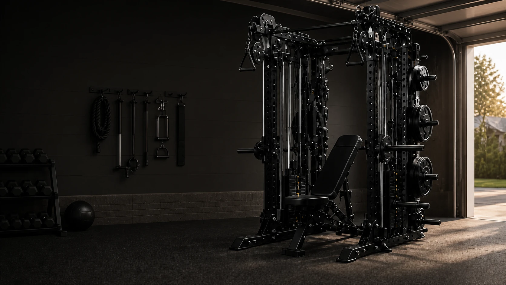 Concept rendering of a black FITMAX All-in-One Trainer in a premium residential garage gym