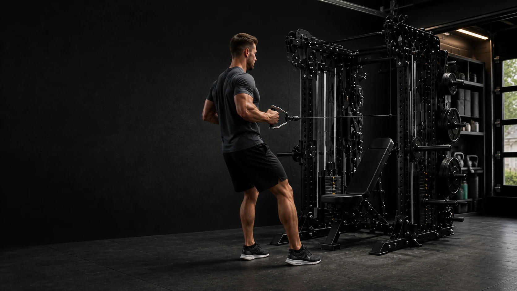 Concept athlete training on an all-in-one strength system in a residential garage gym